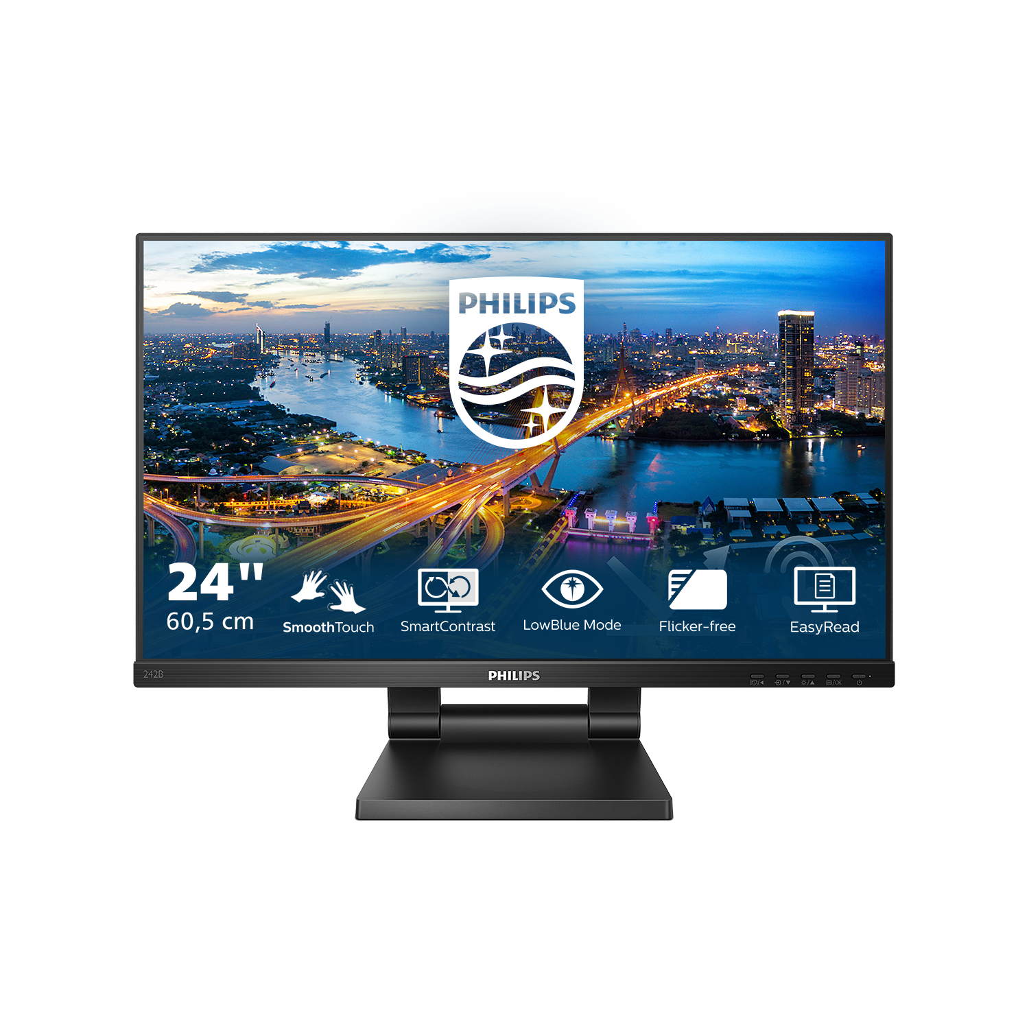 23,8" Philips 242B1TC Touch 1920x1080 WLED 16:9 IPS 250cd, 4ms, 1000:1, 50M:1, 178°/178°, VGA, HDMI, DP, USB Hub: 3*USB3.2, Speakers, 75Hz, Tilt, Height, Internal, VESA, Black, 3y