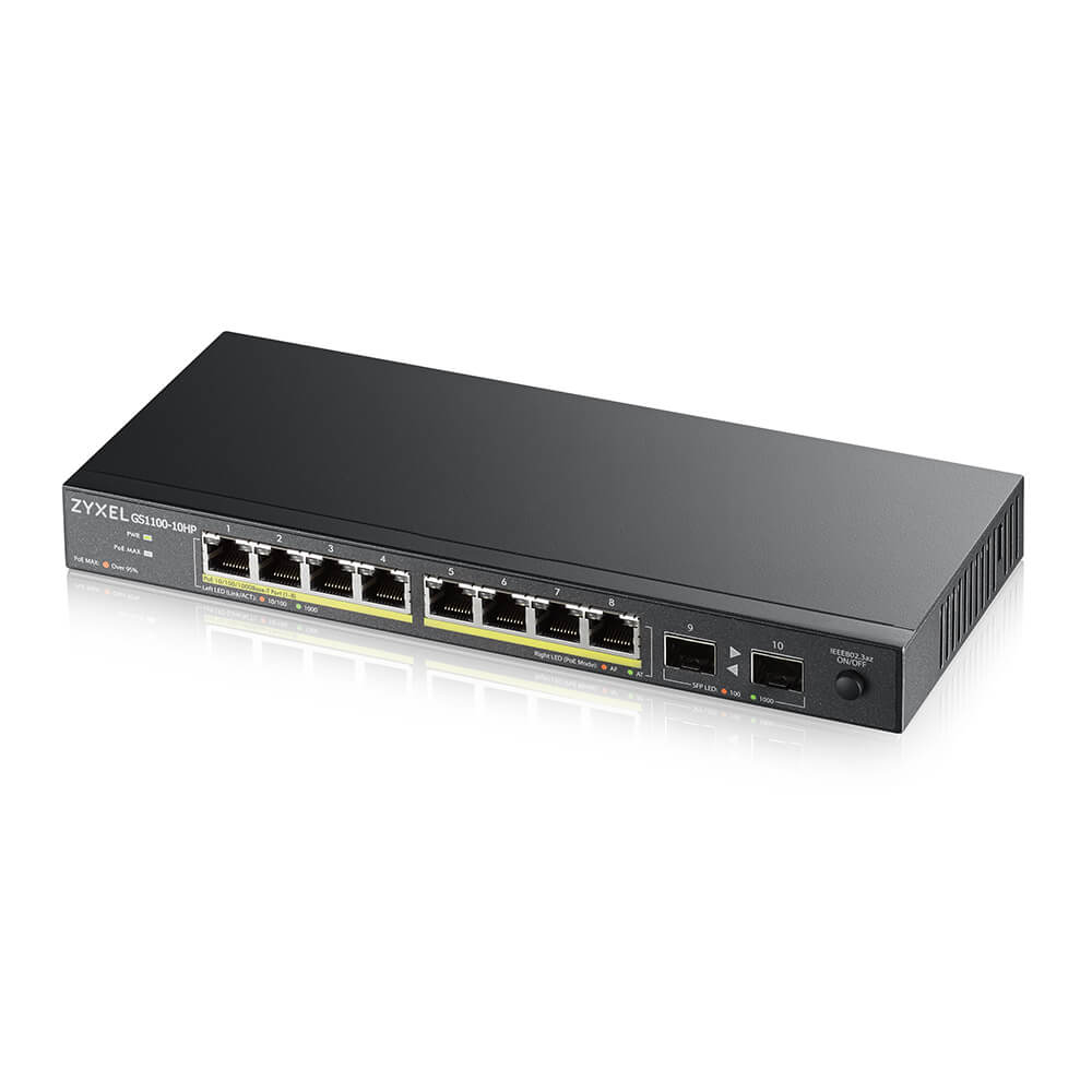 PoE+ Zyxel GS1100-10HP, 8xGE PoE+, 2xSFP, настольный, бесшумный, бюджет PoE 130 Вт, Kensigton lock