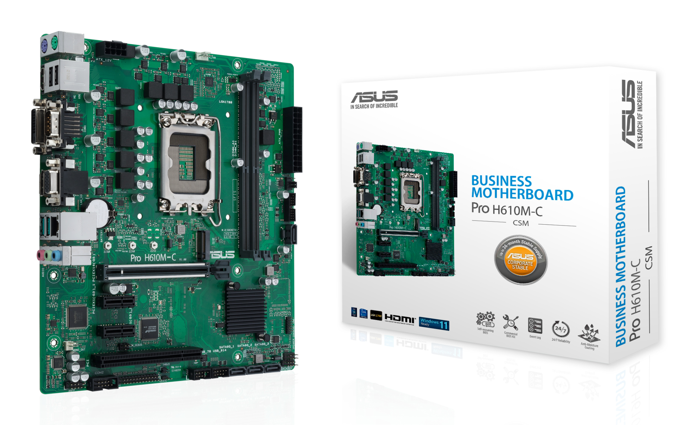 ASUS PRO H610M-C-CSM, LGA1700, H610, 2*DDR5, 4*SATA, 1*M.2, 2*USB 3.2, 2*USB 2.0, 1*COM port, 1*PCIx16, 2*PCIx1, DP+HDMI+VGA, mATX; 90MB1AT0-M0EAYC