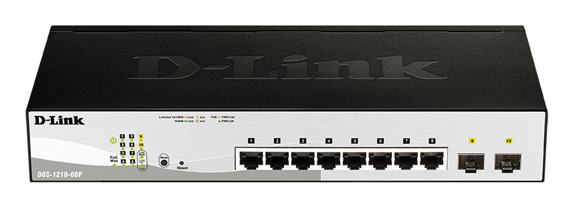 D-Link Управляемый L2 PoE-коммутатор, 8x1000Base-T PoE, 2х1000Base-X SFP, PoE-бюджет 65 Вт, упрощенный интерфейс CLI, Web-интерфейс, SNMP